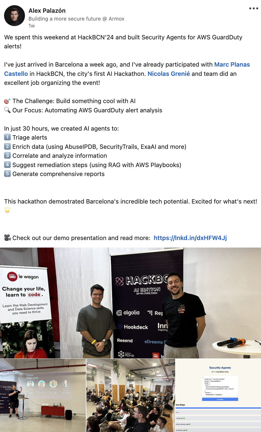 Alex Palazon's LinkedIn post about HackBarna