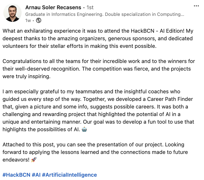 Arnau's LinkedIn post about HackBarna