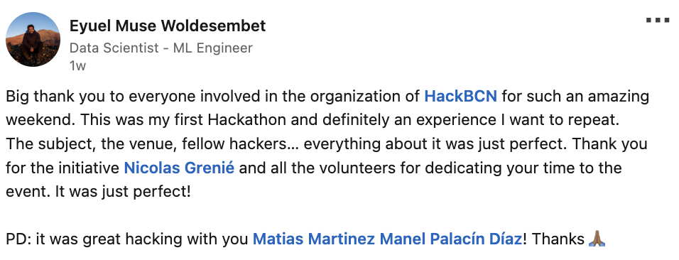 Eyuel's LinkedIn post about HackBarna