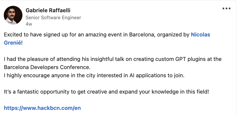 Gabriele's LinkedIn post about HackBarna