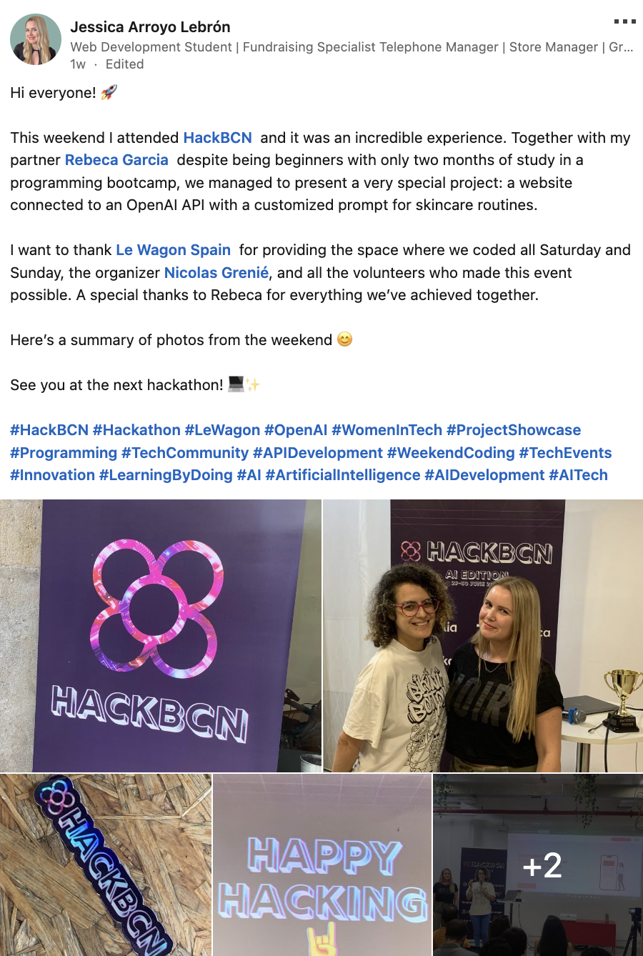 Jessica's LinkedIn post about HackBarna