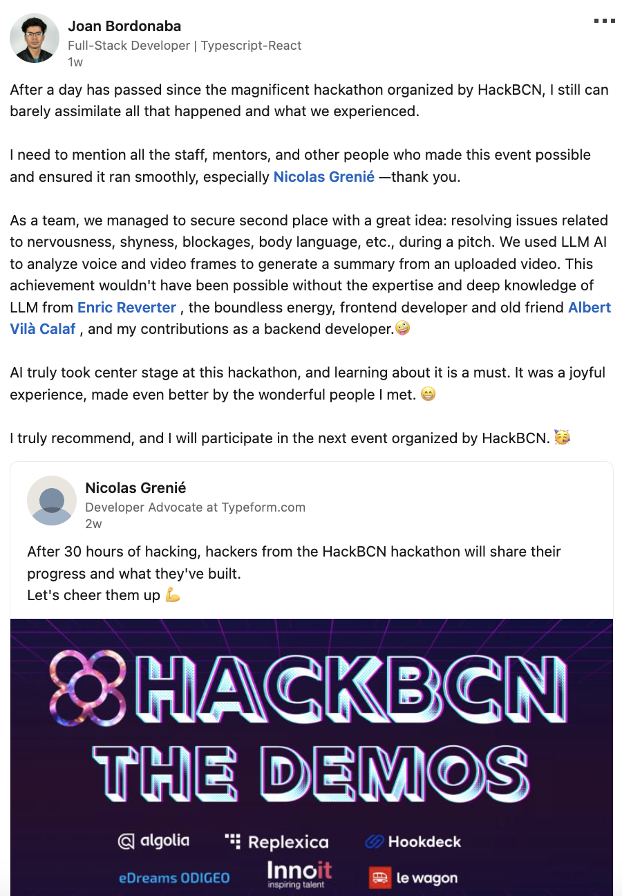 Joan's LinkedIn post about HackBarna