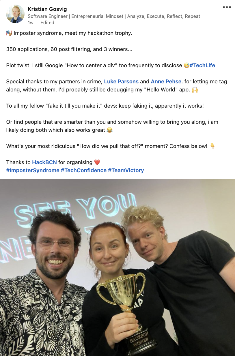 Kristian's LinkedIn post about HackBarna
