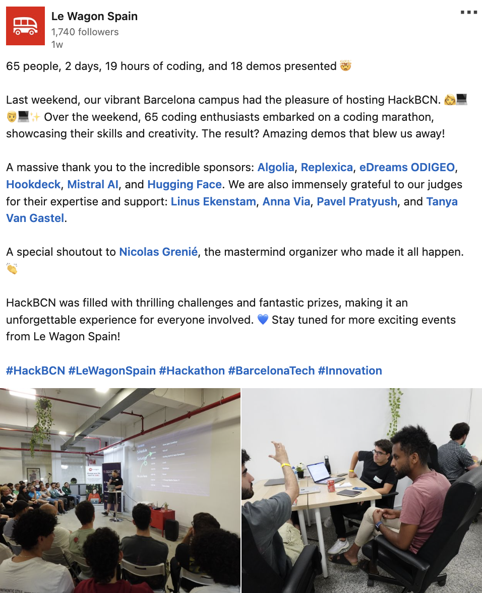 Le Wagon Spain's LinkedIn post about HackBarna