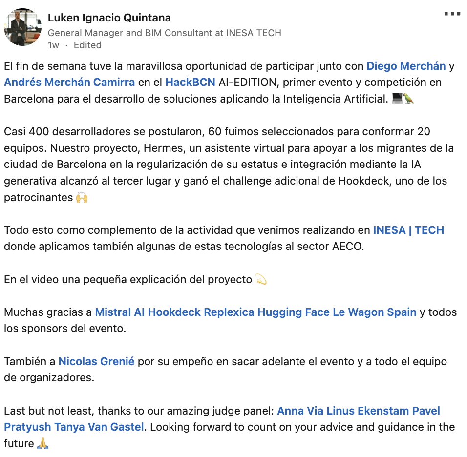 Luken's LinkedIn post about HackBarna