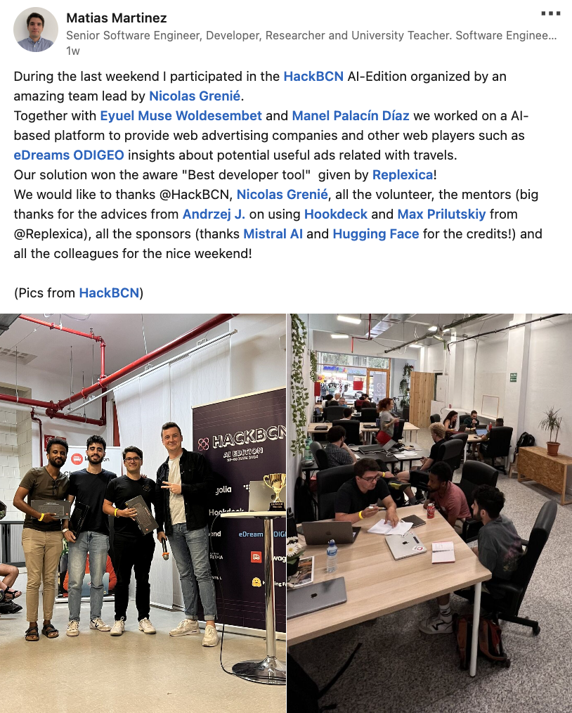 Matias's LinkedIn post about HackBarna