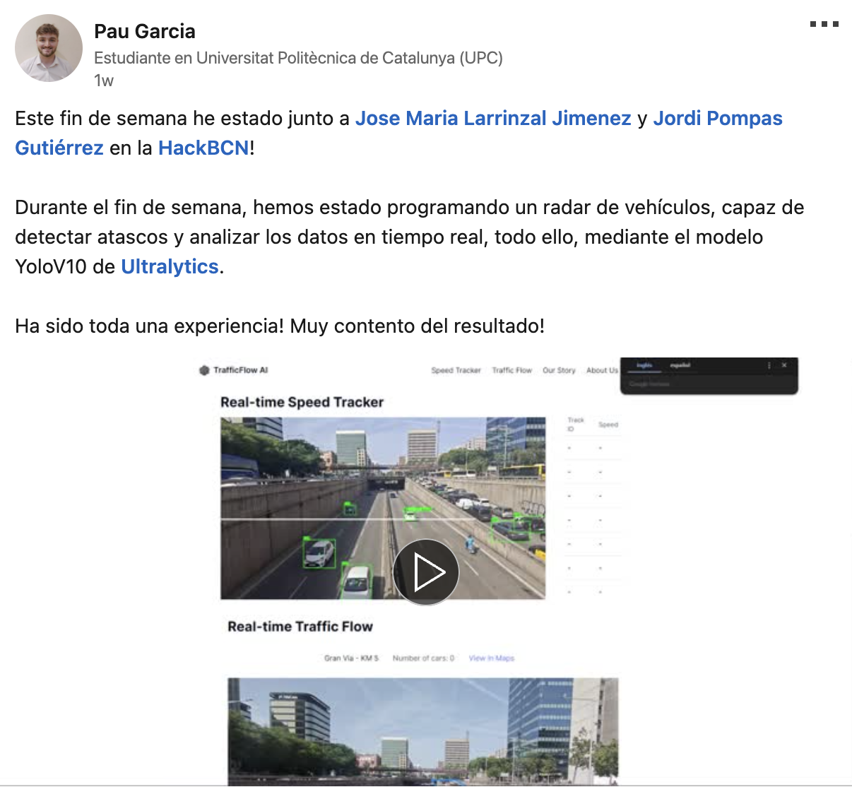 Pau's LinkedIn post about HackBarna