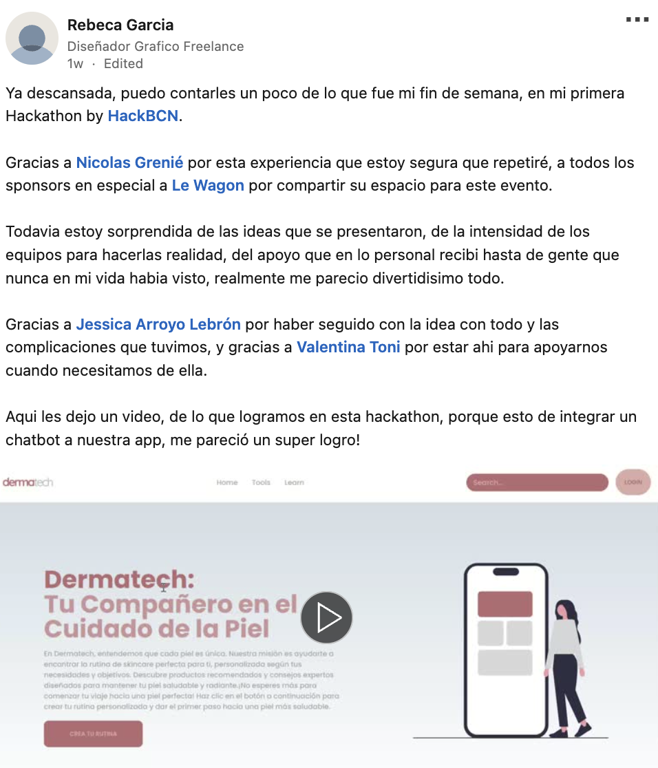 Rebeca's LinkedIn post about HackBarna