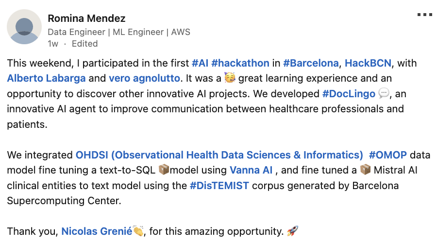 Romina's LinkedIn post about HackBarna