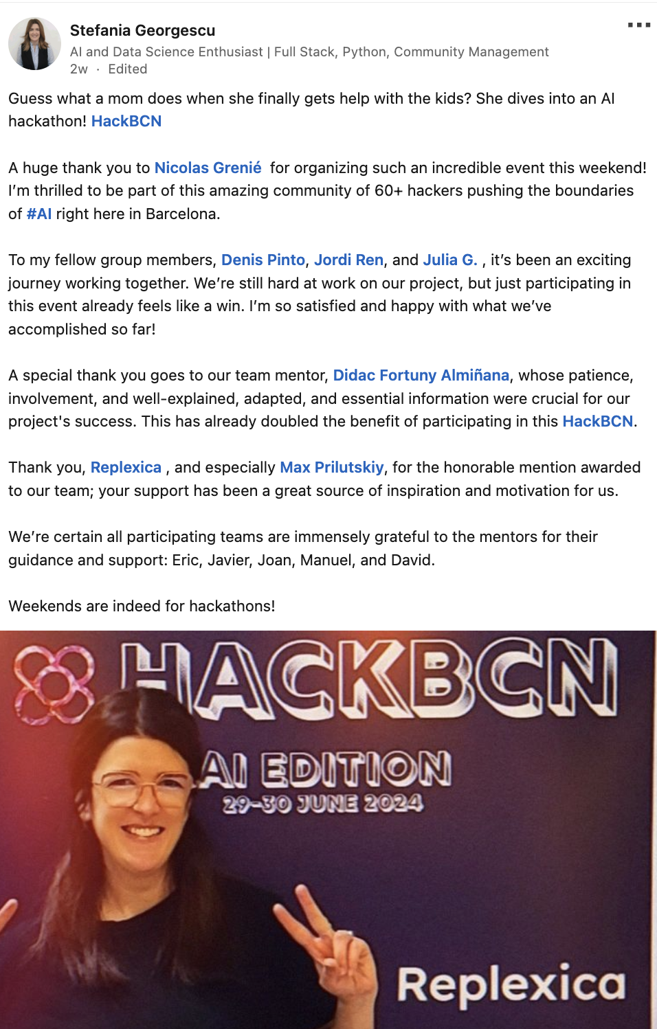 Stefania's LinkedIn post about HackBarna