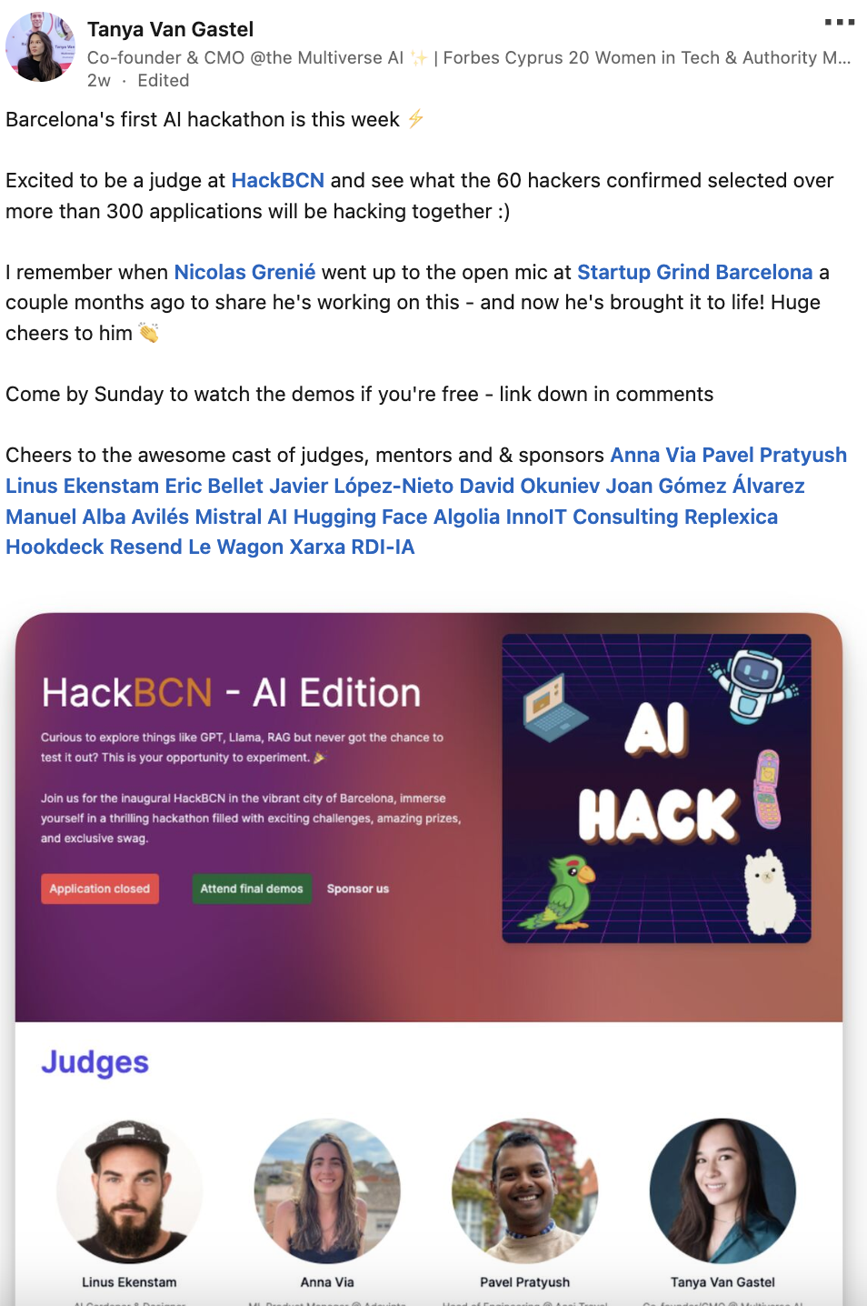 Tanya's LinkedIn post about HackBarna