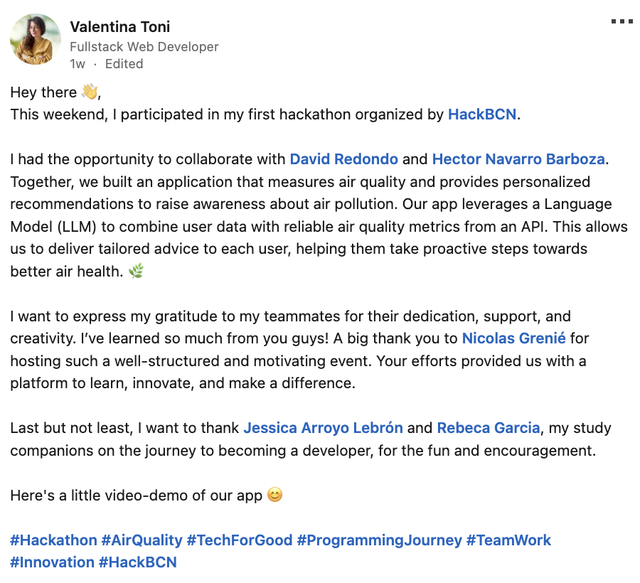Valentina's LinkedIn post about HackBarna