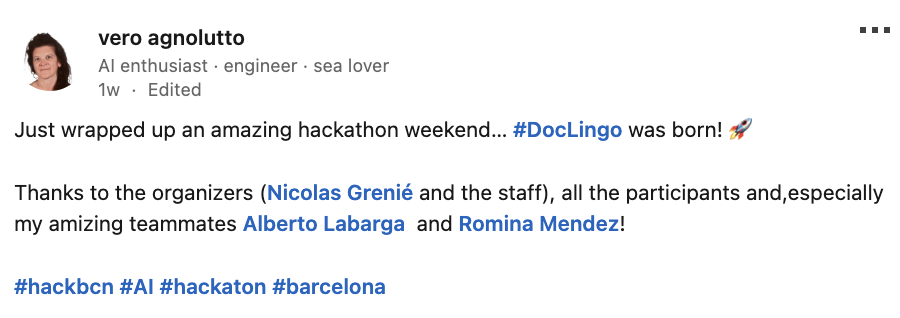 Vero's LinkedIn post about HackBarna
